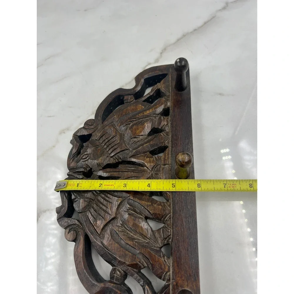 VTG Hand Carved Wood Elephant Wall Hook Rack 3 Peg Key Holder Brown Boho Decor